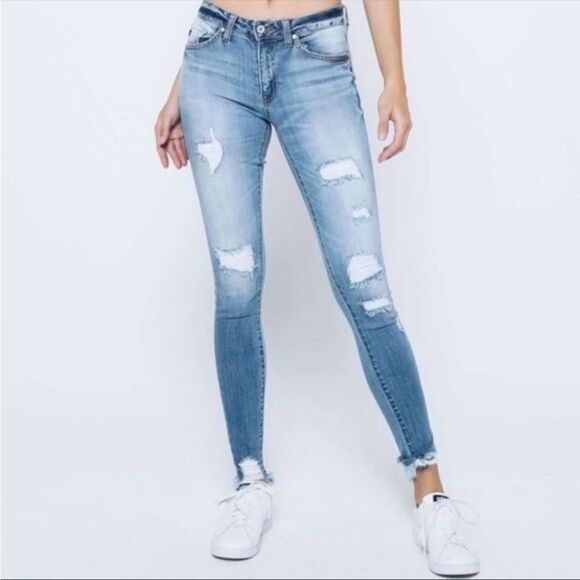 Medium Wash Mid Rise Distressed Jeans - Picture 7 of 14